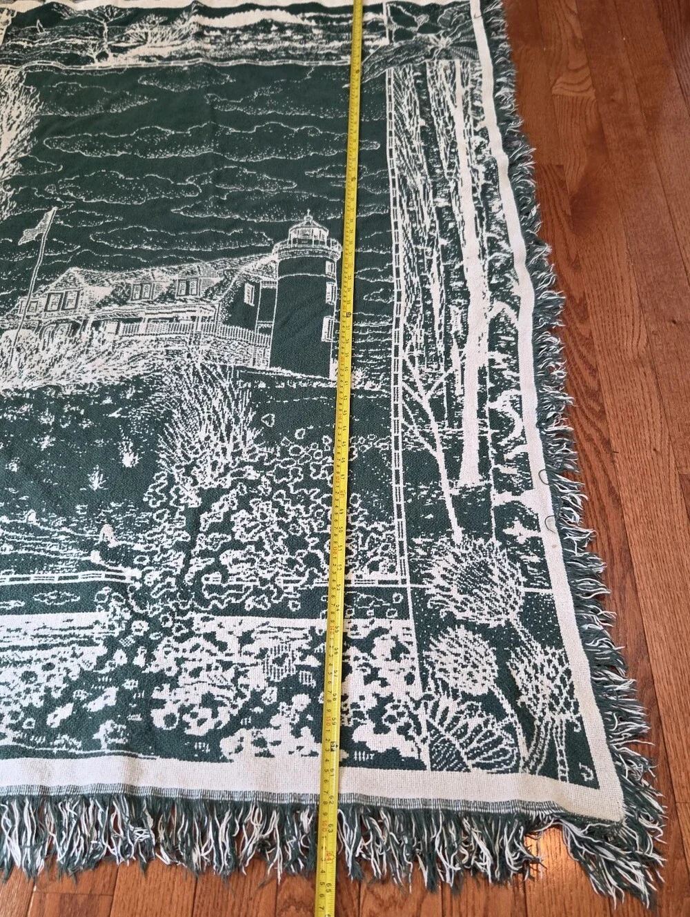Jacquard Woven 100% Cotton Throw Blanket Fringed Lighthouse Rural Green White
